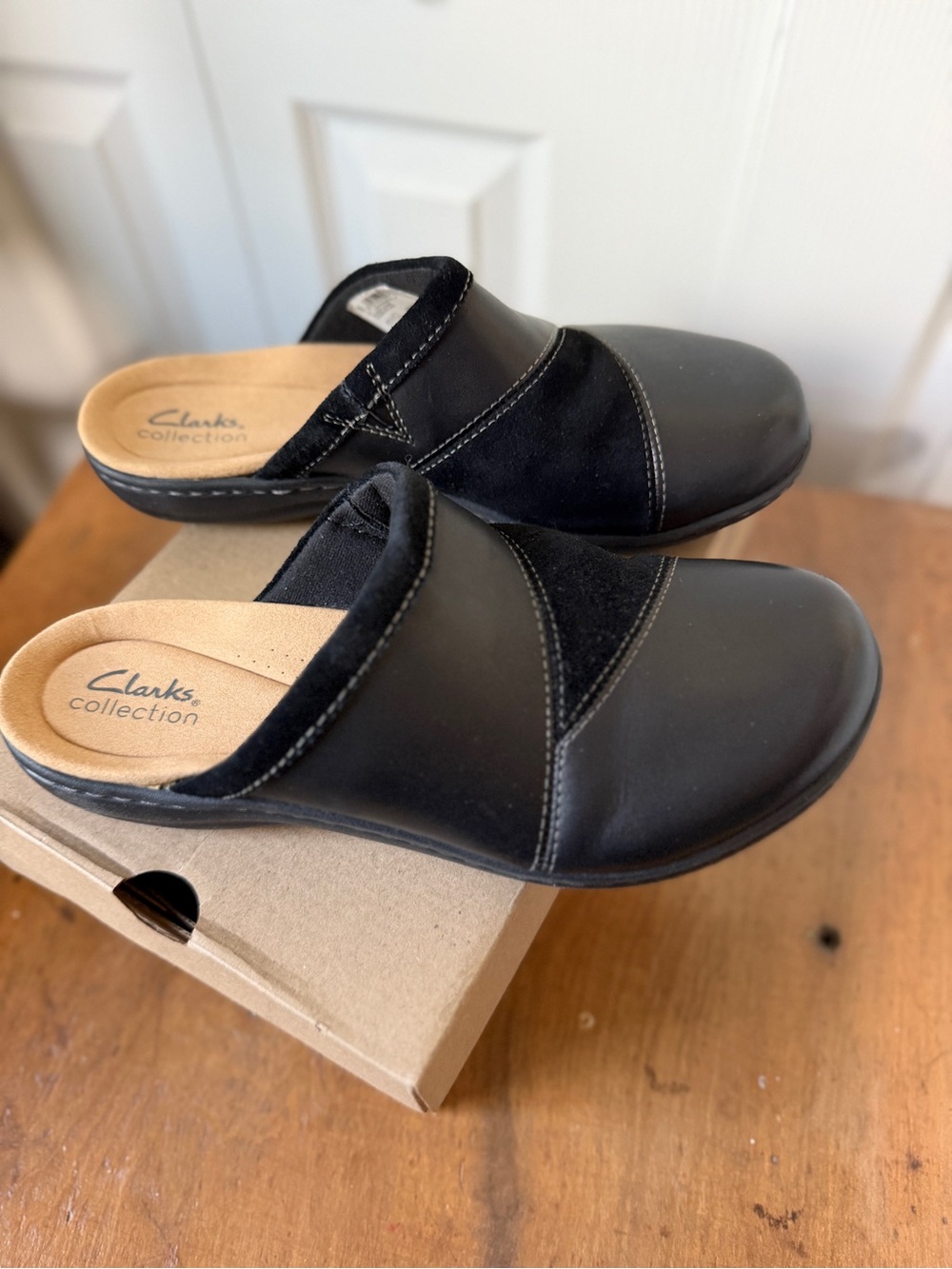 Clarks Black Leather & Suede Slip-On Clogs
